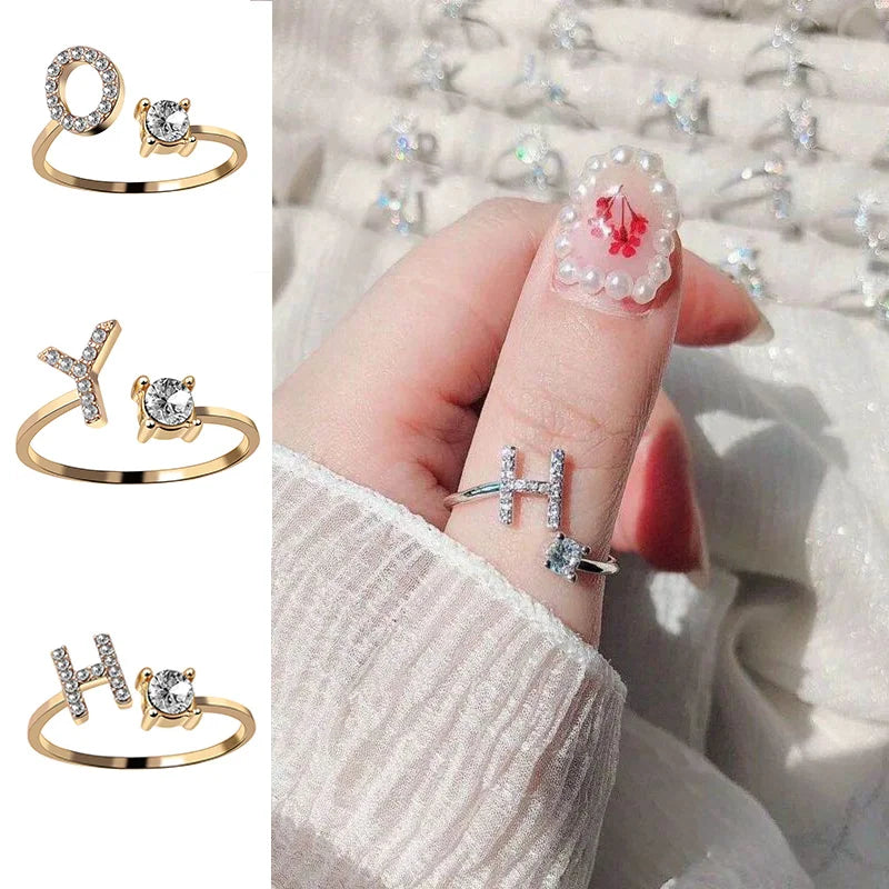 Alphabet Initial Rhinestone Ring