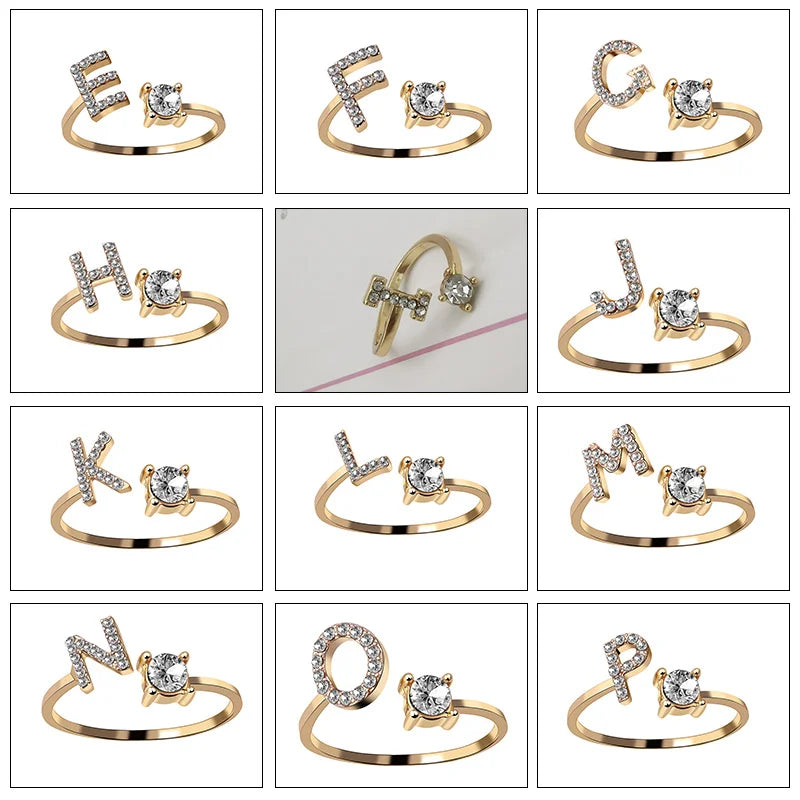 Alphabet Initial Rhinestone Ring