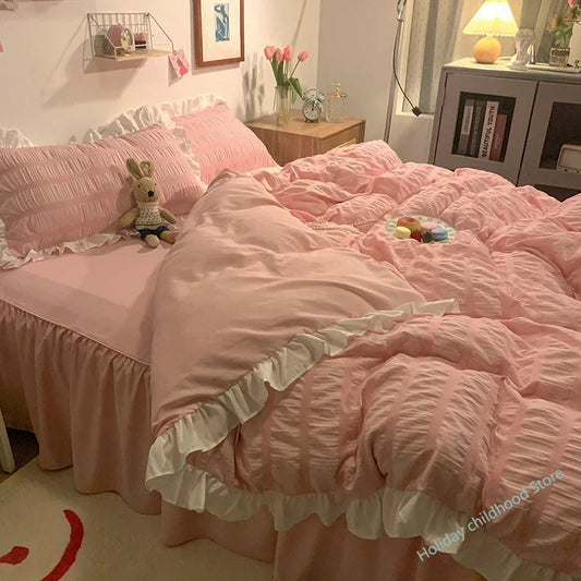 Soft Pink Seersucker Ruffled Bedding Set