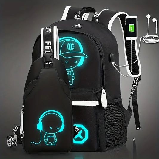 Luminous Cartoon USB Backpack Set